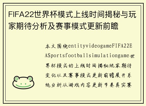 FIFA22世界杯模式上线时间揭秘与玩家期待分析及赛事模式更新前瞻